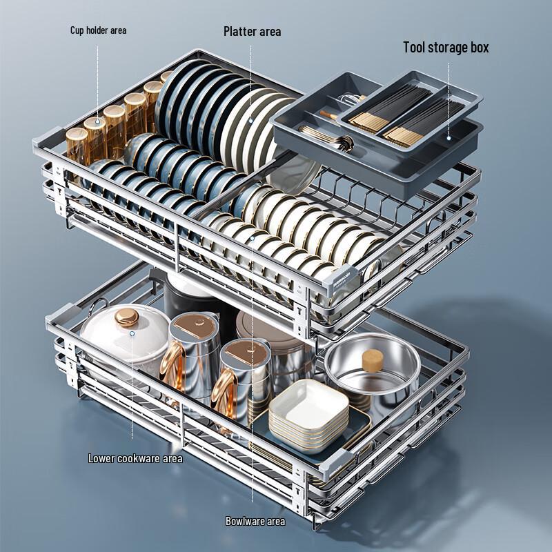 304 Stainless Steel Double-Layer Kitchen Cabinet Pull-Out Organizer
