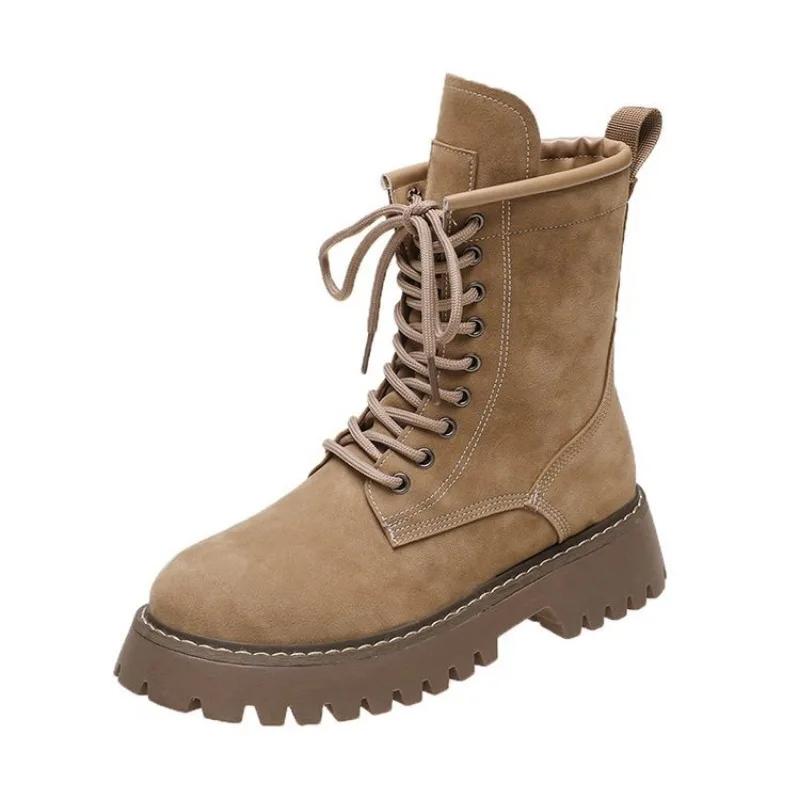 Fashion New Western Boots Women Shoes Leather Suede Patchwork Botines Thick Med Heel Platform Leisure Ankle Boots Ladies Shoes