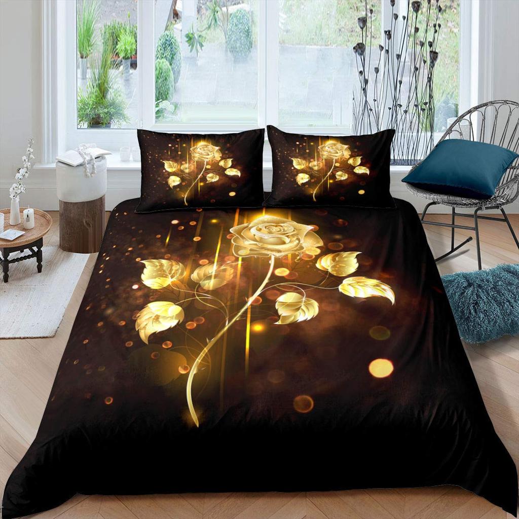 Conjunto de capa de edredom de flores douradas Conjunto de cama infantil Queen e King Size Tema floral 2/3 peças Estilo luxuoso Capa de edredom de poliéster duplo