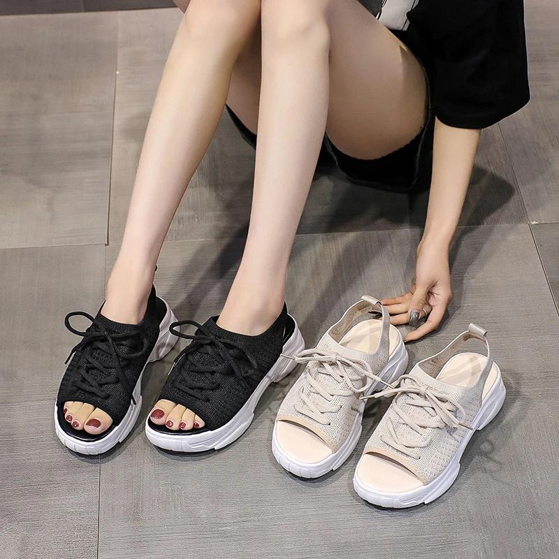 Fashion Shoes for Women 2024 Hot Sale Lace Up Women's Sandals Summer Open Toe Breathable Mesh Solid Platform Casual Comfortable Sandals
