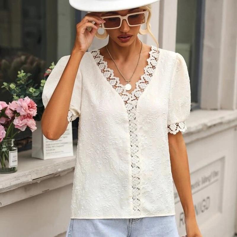

Летние топы с коротким рукавом, жаккардовые кружевные женские блузки с V-образным вырезом, повседневные ажурные элегантные белые рубашки, однотонные винтажные корейские рубашки 25718 XXL белый