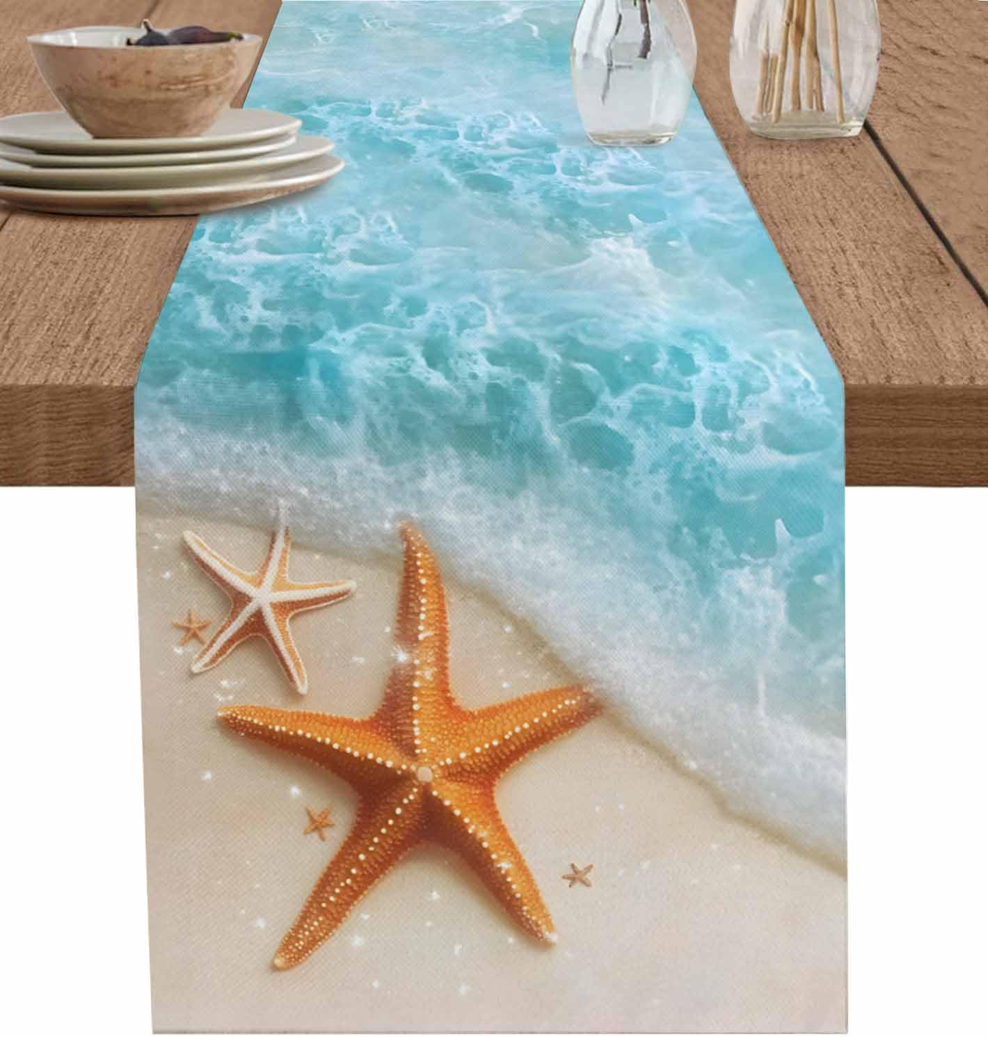 Chemin de table en lin Vague de mer d'étoile de mer Étoile de mer Écharpes de commode Décor de table Lavable Chemin de table de cuisine et de salle à manger Décor de fête de vacances 150x33cm