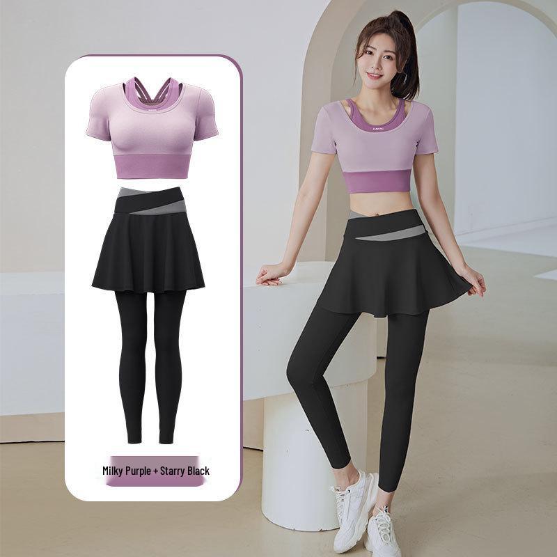 

Костюм для йоги с высокой талией и контрастной расцветкой с нагрудными вкладышами - Топ с коротким рукавом и брюки-юбка, комплект из двух предметов XL