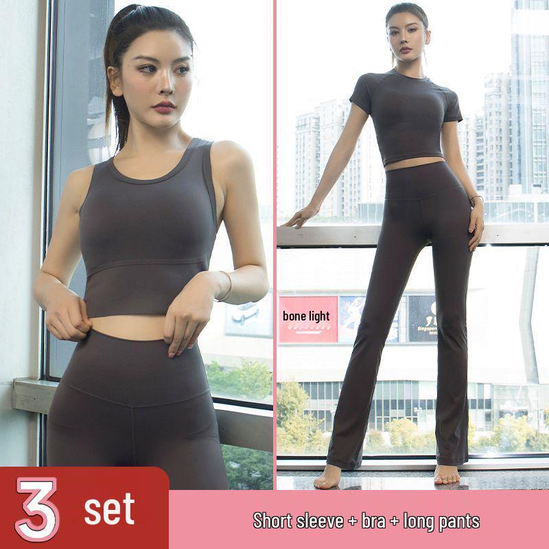 Women's Quick-Dry Yoga Set: Short Sleeve Top, Hip-Covering Skirt & Slimming Flare Pants - Spring/Summer