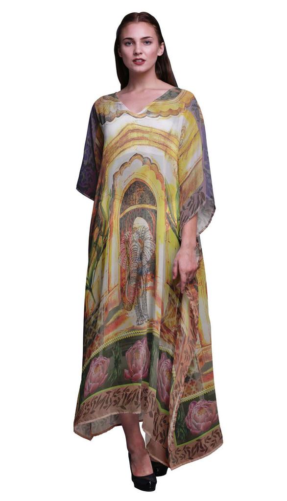Phagun Elephant Mughal Ladies Kaftan Holiday Loungewear Maxi Dress Beach