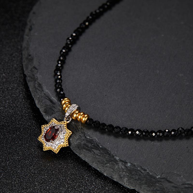 Natural Garnet Pendant Black Spinel S925 Sterling Silver Necklace Women'S Fashion Light Luxury Collarbone Chain