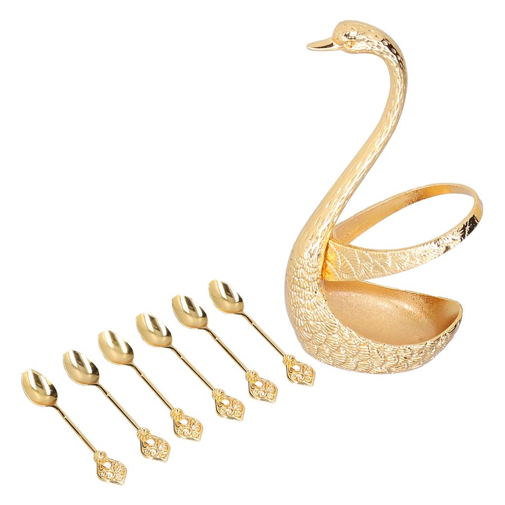 Coffee Dessert Spoon Set Gold Zinc Alloy Durable Corrosion Resistant Stable Glossy Swan Base Spoon