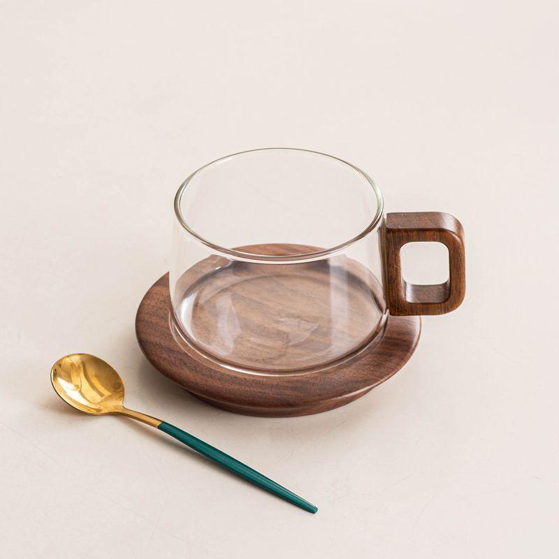 Japanese Transparent Glass and Wooden Coffee Cup and Saucer Afternoon Tea Dessert Tea Cup Large Capacity Office Tea Cup Decor