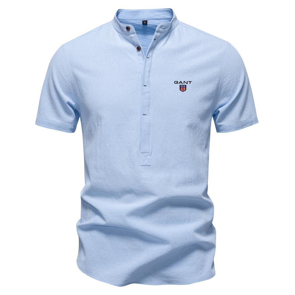 Gant 2025 Summer New Embroidered Business Casual Shirt Men's Short Sleeved Cotton Linen Shirt Stand Collar Cotton Shirt