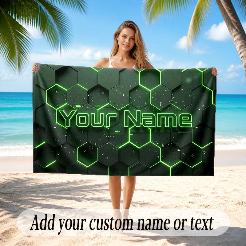 Abstract Geometric Theme Soft Beach Towel Personalized Custom Name Text Towel Portable for Beach Pool Travel