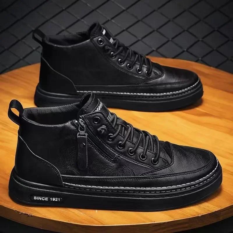 Fashion Pu Leather Boots Men Spring High Casual Shoes for Men Trend Zipper Walk Flats Winter Shoes Vulcanized Ankle Boots New Zapatillas