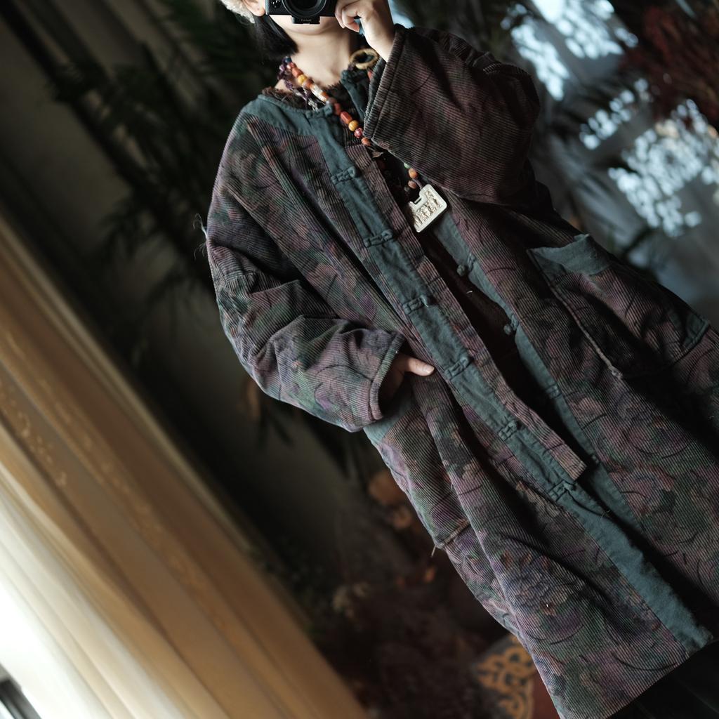 Johnature Women Vintage Red Floral Corduroy Warm Button Long Sleeve Pockets Coats Winter Chinese Style Coats