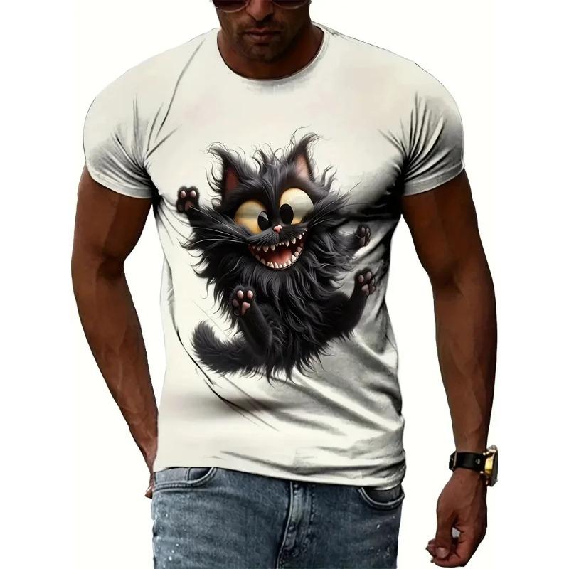 Fun Cat Pattern T-shirt, Men's Personalized Animal 3D Printed T-shirts, Round Neck Top