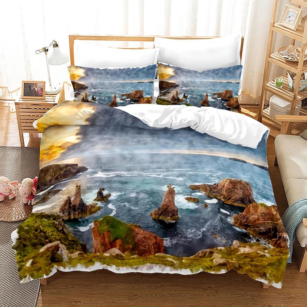 Pink Beach Duvet Cover With Pillowcase Sea Beach Nature Landscape Theme Print Bedroom Decorations Polyester For Children Women