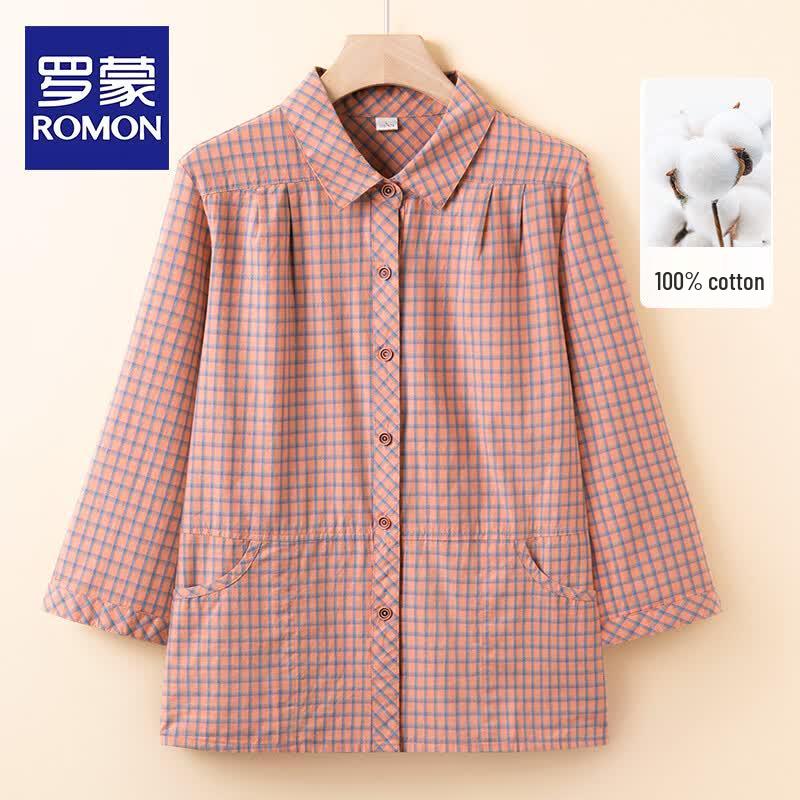 ROMON Women s Mid-Aged Cotton Plaid Seven-Sleeve Shirt L