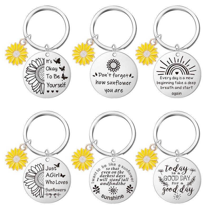 Cute Mobile Phone Lanyard Chain Sunflower Pendant Metal Stainless Steel Keychain Encouragement Message Pendant Charm Men Women