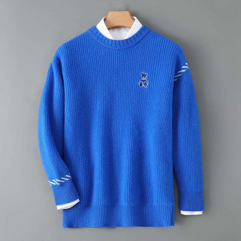 

Men s Lucky Bear Embroidered Wool Sweater - White, Plus Size, Loose Fit, Long Sleeve, Round Neck, Cashmere Knit, 2025 Autumn/Winter Collection. M