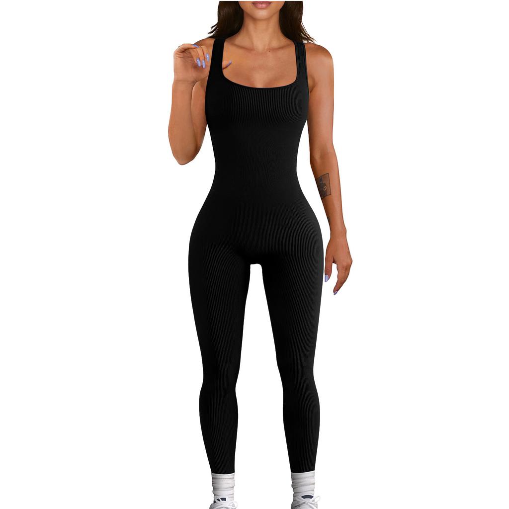 Women's Square Neck Sleeveless Ribbed Bodysuit Slim Fit Mid Rise Casual Athleisure Jumpsuit