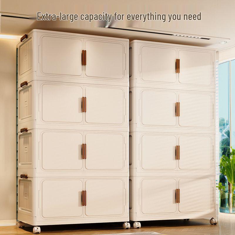 Large Capacity Multi-layer Folding Plastic Storage Cabinet with Wheels for Bedroom Quilts and Clothes