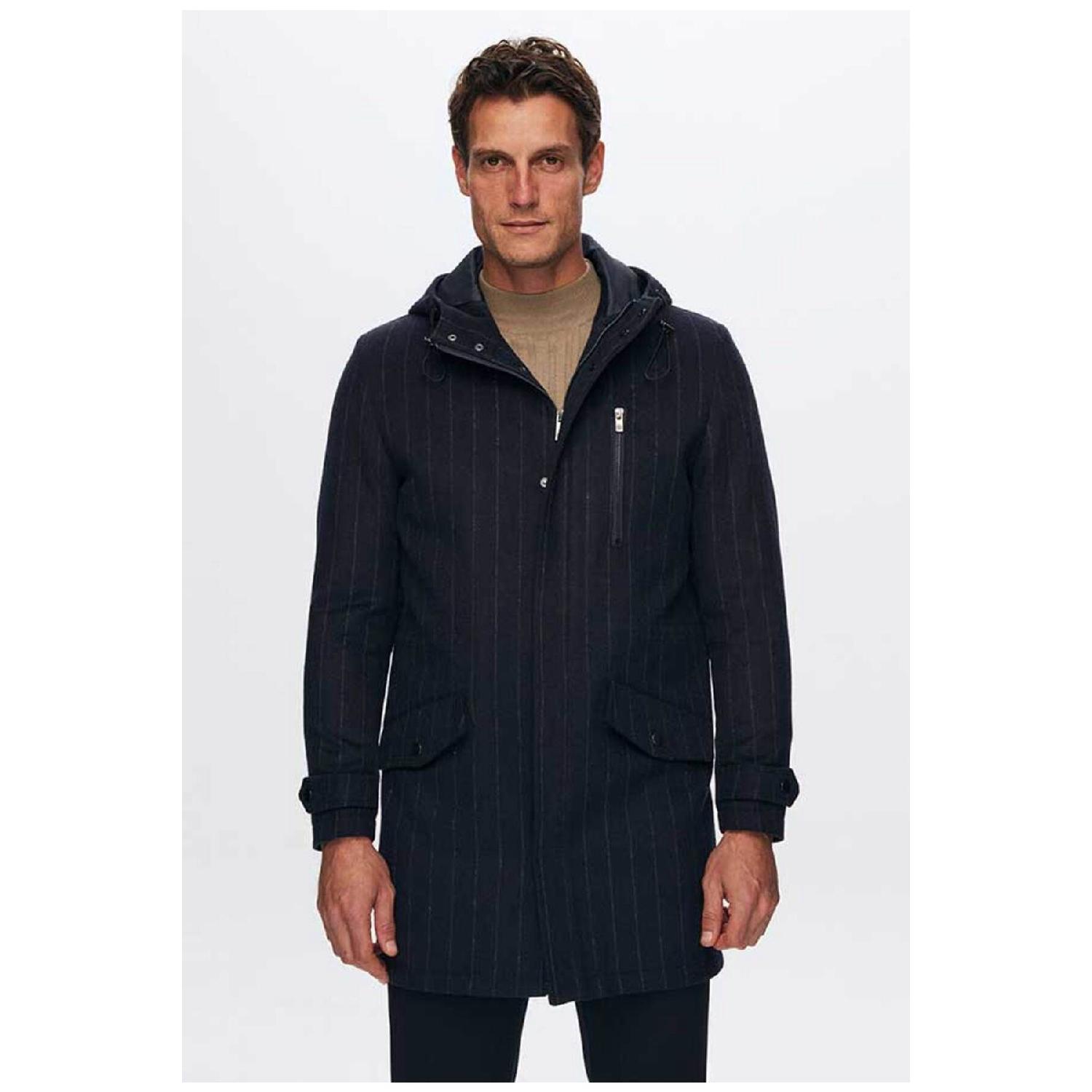 

Ds Damat Regular Fit Navy Blue Striped Woolen Hooded Coat 48 бездна