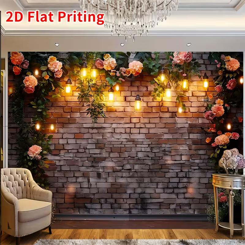 2D Vintage Brick Wall Backdrop with Flowers & Glowing Lights Party Photo Booth Background