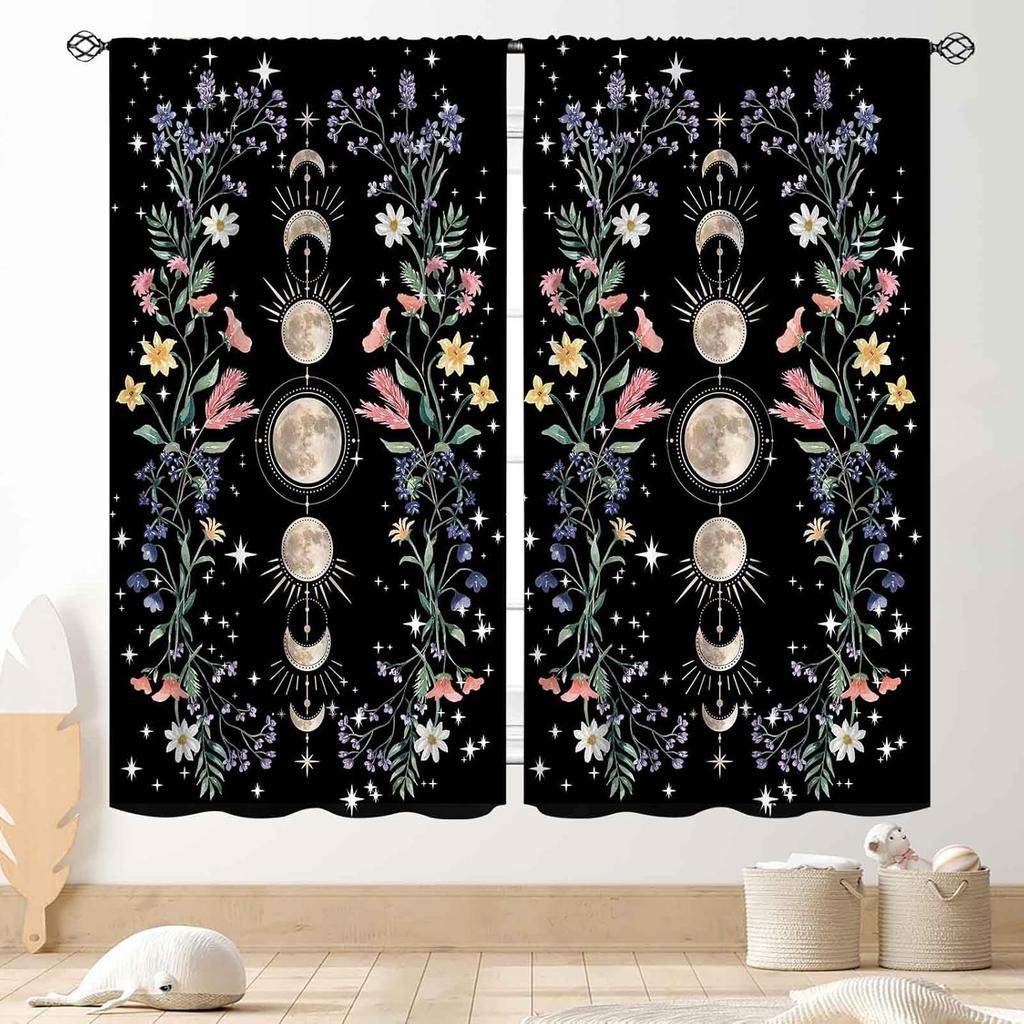 Wild Floral Moon Curtains, Boho Vintage Moon Phase Botanical Mid Century Moonlit Plants Aesthetic Spring Flower Blackout Window