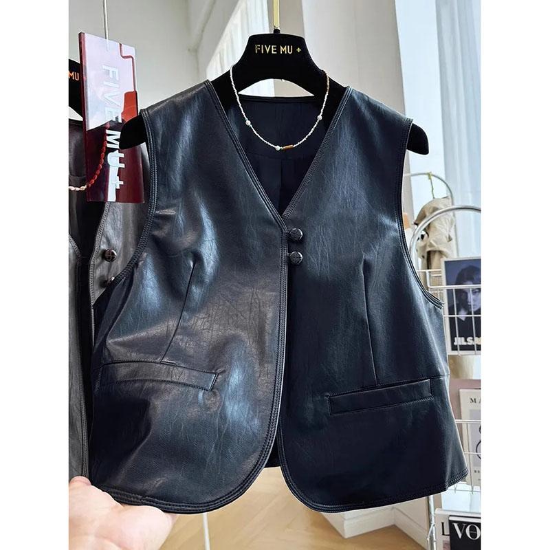Spring Autumn Retro Style Fashion Women's Suit Vest Jacket Sleeveless Korean Version Ladies Leather WaistCoat Coat