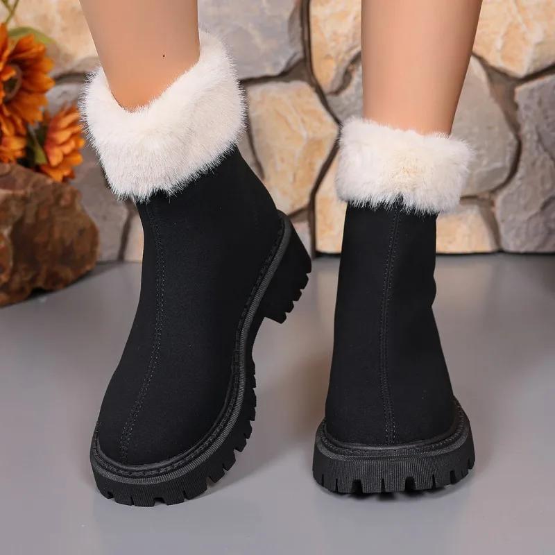 Fashion Winter New Thick Heel Cotton Boots Women's Round Head Suede Back Zipper Thick Sole Anti-slip Wear-resistant Short Boots