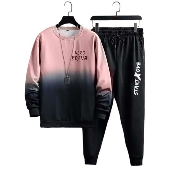 2 Pcs/Set Men Top Pants Suit Gradient Contrast Color Long Sleeve Round Neck Loose Elastic Waist Ankle Banded Hip Hop Sports Tracksuit Fall Spring Top