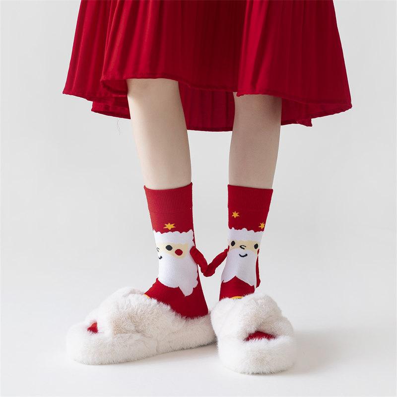 1 Pair Santa Claus Christmas Tree Cotton Stockings Christmas Magnetic Suction Hand In Hand Socks Unisex Holding Hands Long Socks