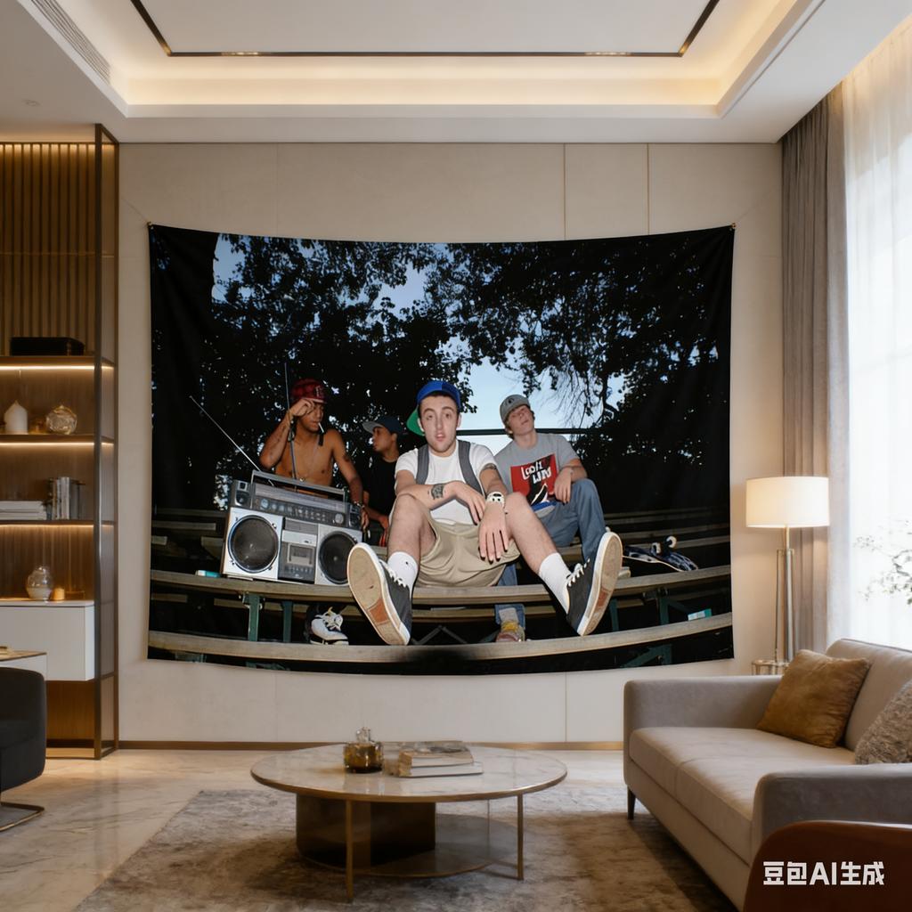 1 szt. Mac Miller HipHop Vintage Gobelin Poliester Płaski Wiszący na Ścianę 2D Dekoracja dla Fana Rapu do Sypialni Streetwear Wystrój Akcent Pokoju