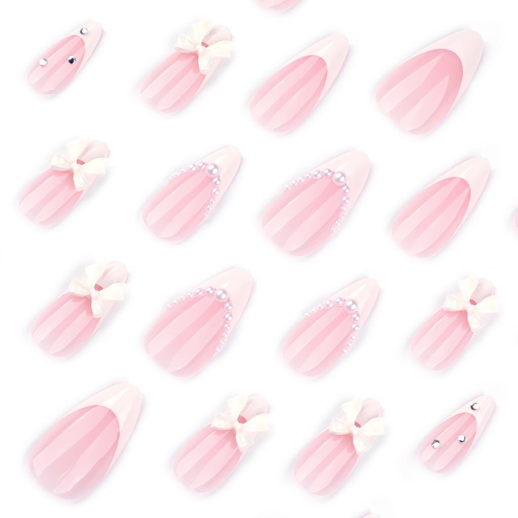 24 Pieces Sweet, Hot Selling Almond Nail Pieces, French White Fake Nails, White Bow Pearl Wearing Nail