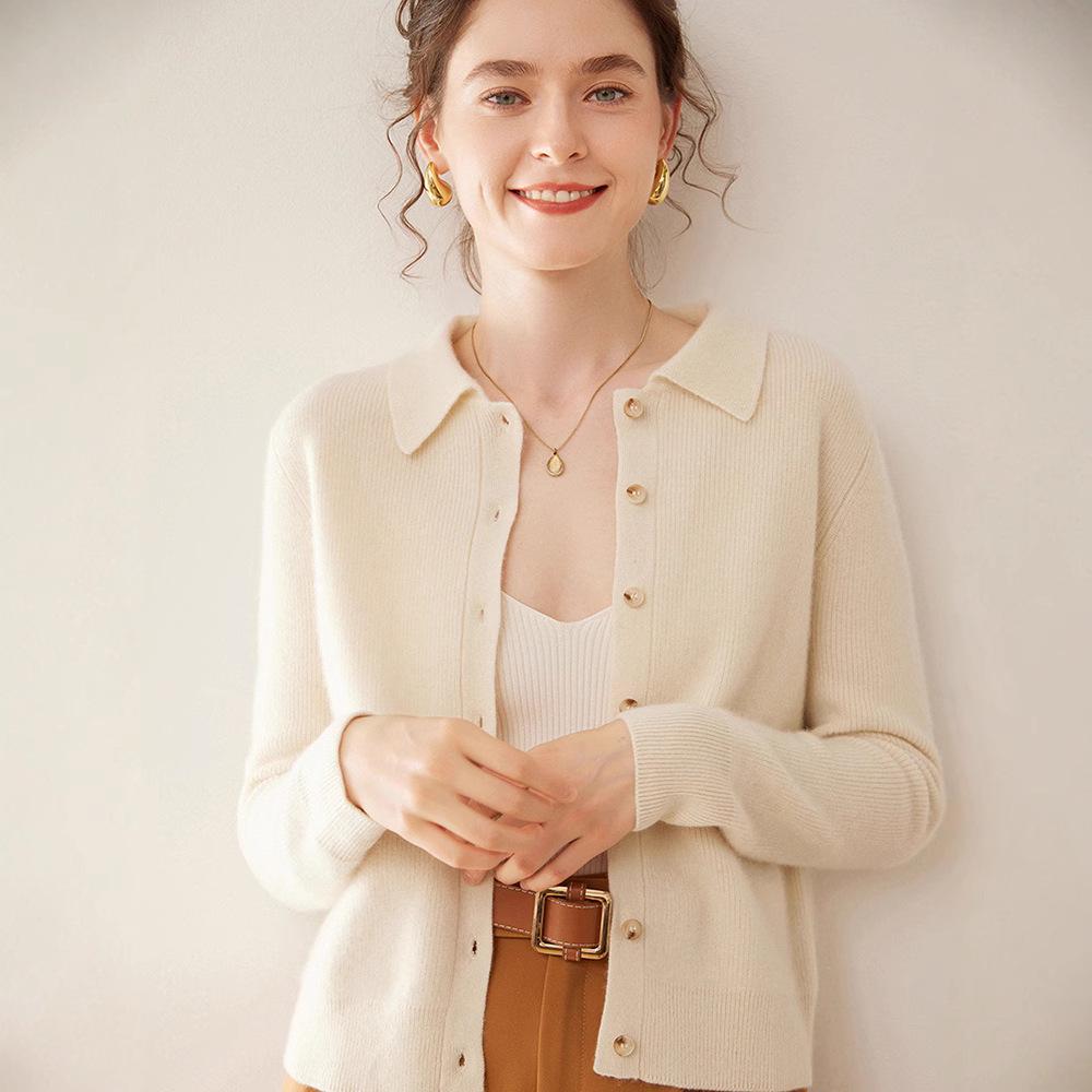 Women's Slim Fit Cashmere Polo Collar Cardigan - Comfortable Knitwear Coat for Autumn/Winter Fashion