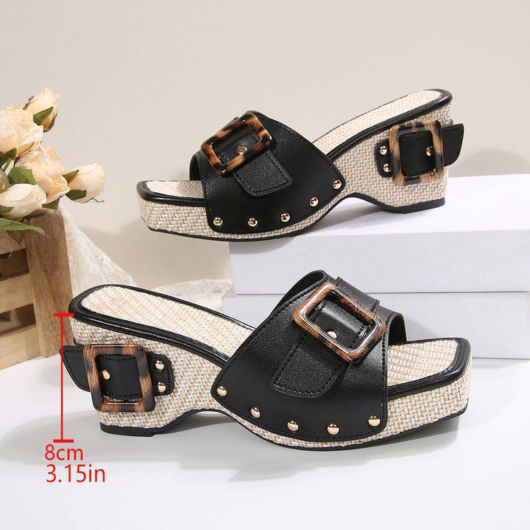 2025 Summer Plus Size Women's Thick Heel Metal Buckle Slippers - One-Strap Beach Sandals