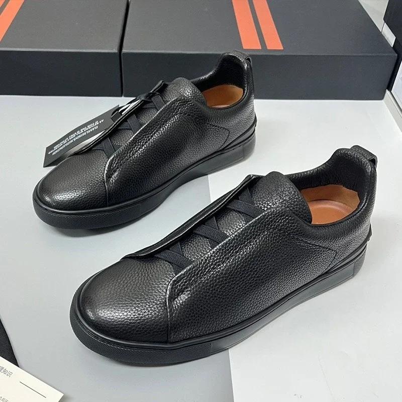 Spring Autumn Vintage High Quality Genuine Leather Lace-Up Shoes Man's Solid Color Round Toe Low-cut Flat Bottom Shoes