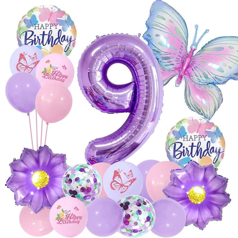 

New Gradient Butterfly Balloon Theme Purple Kids Birthday Party Number Balloon Baby Shower Happy Birthday Balloon Decoration Other