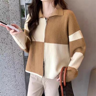 Autumn and Winter New Retro Color Matching Plaid Knitted Cardigan Top Women's Versatile Double Zipper Design Sense Polo Neck Sweater