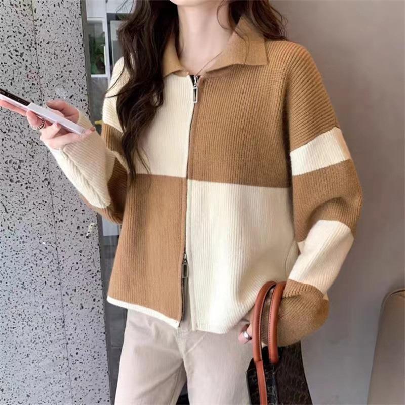 

Осень и зима новый ретро цветной клетчатый вязаный кардиган топ женский универсальный с двойной молнией, дизайнерский свитер с воротником поло One size света кофе