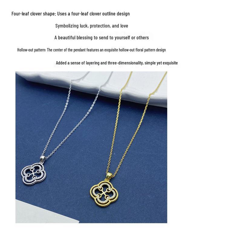 S925 Sterling Silver Four-Leaf Clover Necklace for Women, Gold-Plated, Inlaid Design, Versatile and Light Luxury Fashion.