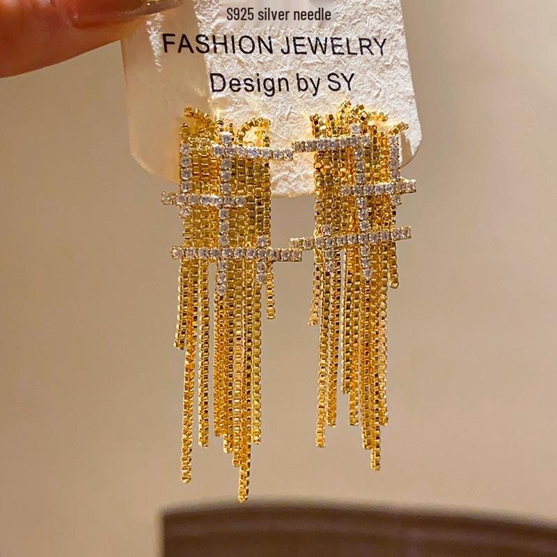 18K Gold Plated Zircon Tassel Earrings - High-End Stud Fashion Jewelry