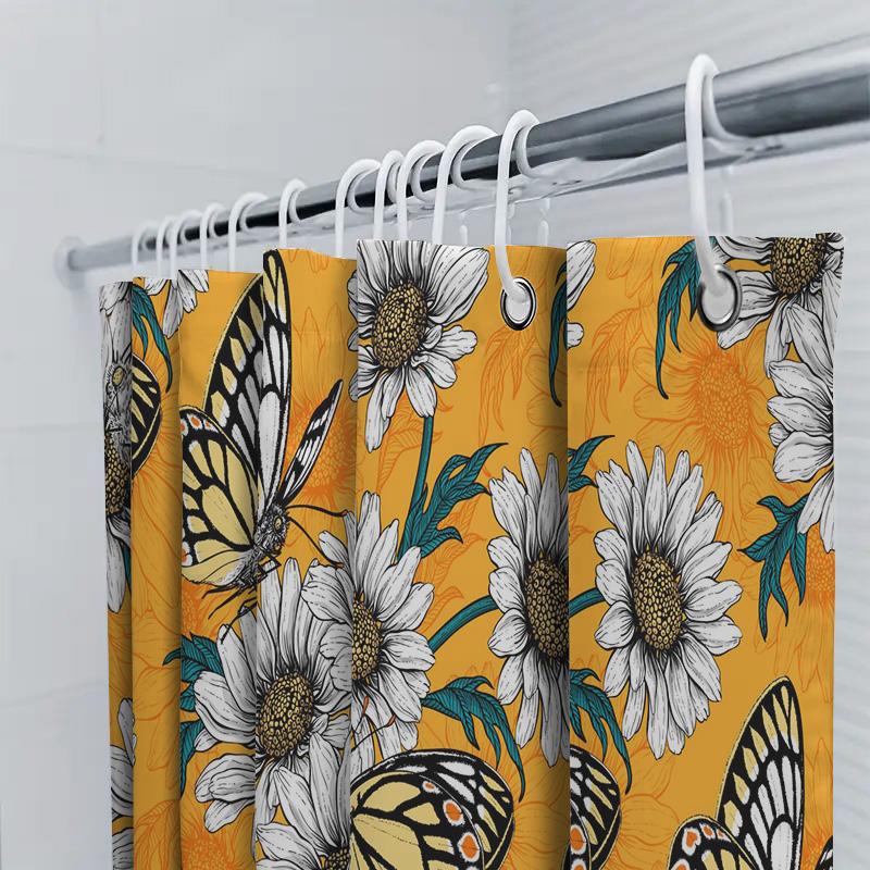 Sunflower Butterfly Printed Shower Curtains For Bathroom Decor Orange Color Floral Curtain With Rod Hooks Set (Yellow)