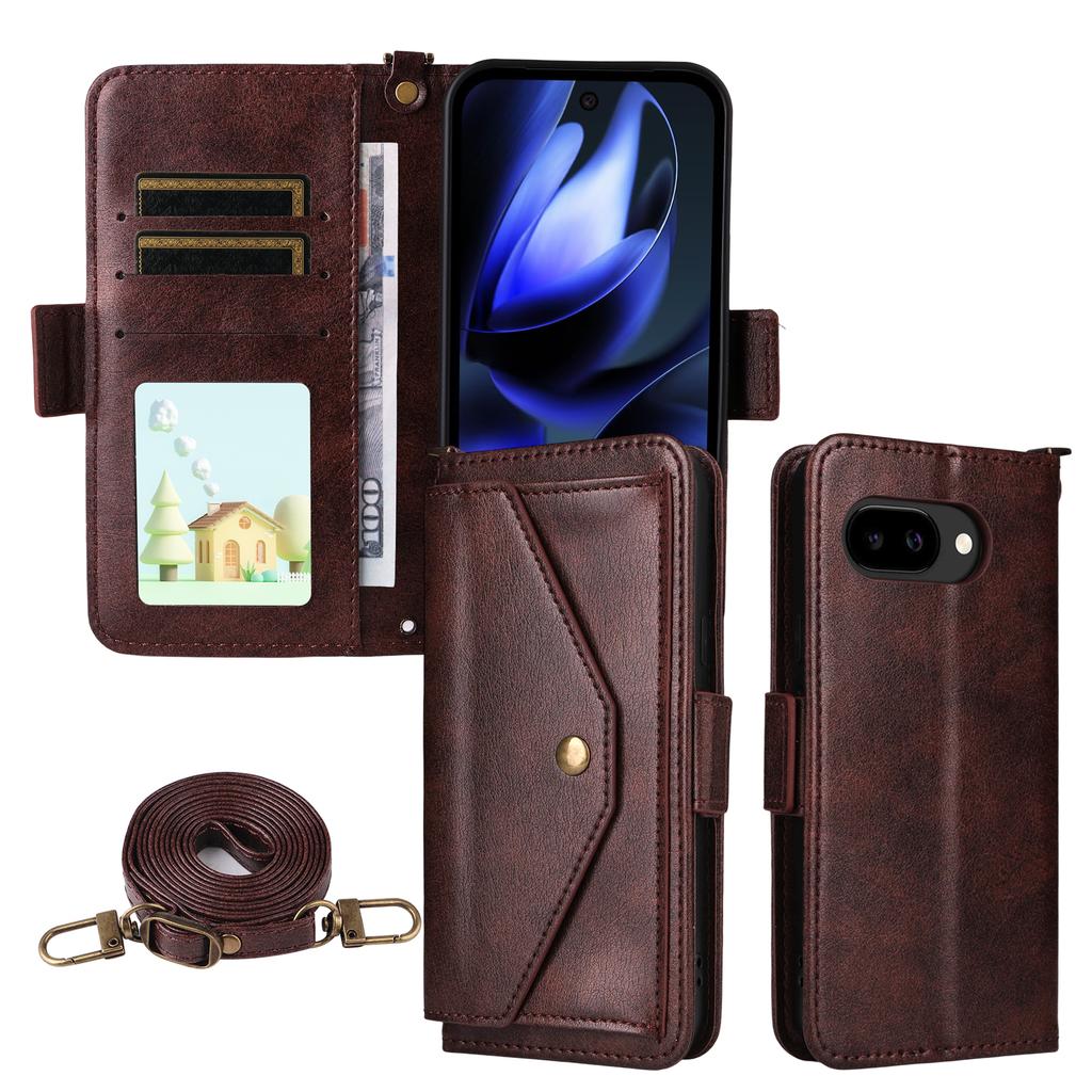 For Google Pixel 9a Leather Case Magnetic Closure Wallet Stand Phone Cover with Crossbody Strap