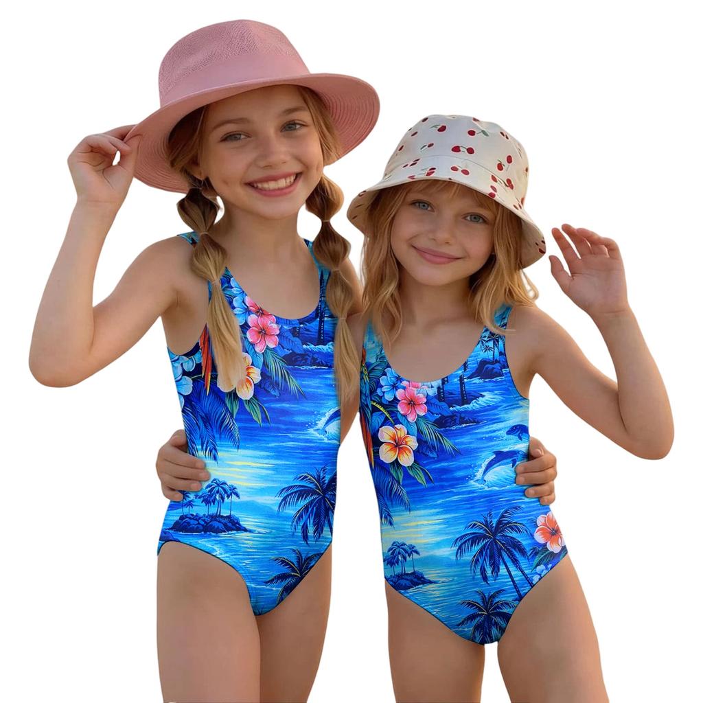 Girls One Piece Swimsuit Palm Tree Print Summer Beach Swimwear Lightweight Quick Dry Bathing Suit for Kids