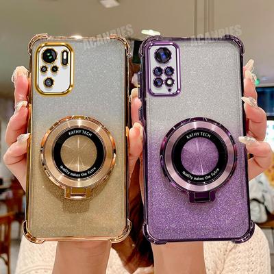 Note11s Luxury Plating Holder Case On For Xiaomi Redmi Note 11 Pro 4g 5g 10 11s 10s 9 9s Shockproof Silicone Stand Cover Note10s