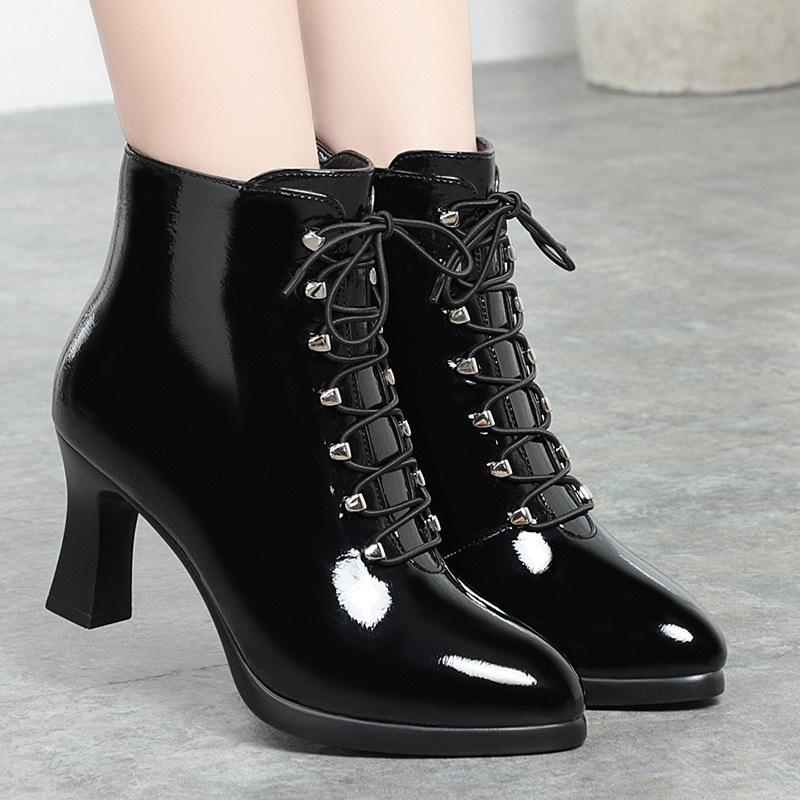 Women Victorian Ankle Boots British Style Thick Heel Shoes Fashion Lace Up Autumn And Winter Keep Warm Pointed Tip For Office