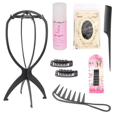 Set per la cura della parrucca con accessori: Supporto, Rete per Capelli, Piastra Elettrica, Soluzione per la Cura, Fermaglio BB e Pettine.