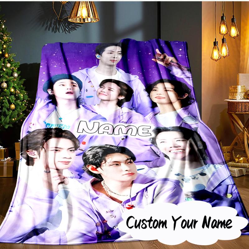 Custom Name Colorful Cartoon K-pop Characters Blanket  Ideal Bedding Blanket Perfect for Travel, Camping, Living Rooms,Sofas, Fan Christmas gift