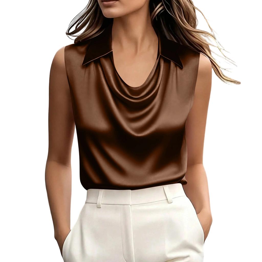 Women's Casual Fashion Satin Collared Sleeveless Top T-shirt Vest