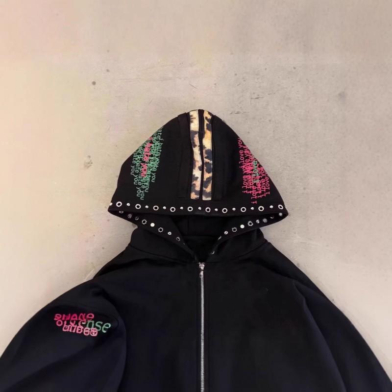 American Vintage Style Zip Up Hoodie Letter Print Sweatshirt Unisex Casual Streetwear