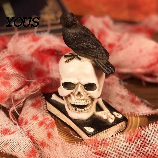Miniature Crow Bone Sculpture Mystical Raven on Skull Statue, Gothic Perching Figurine Decorative Resin Skeleton with Book, Spooky Halloween for Desk